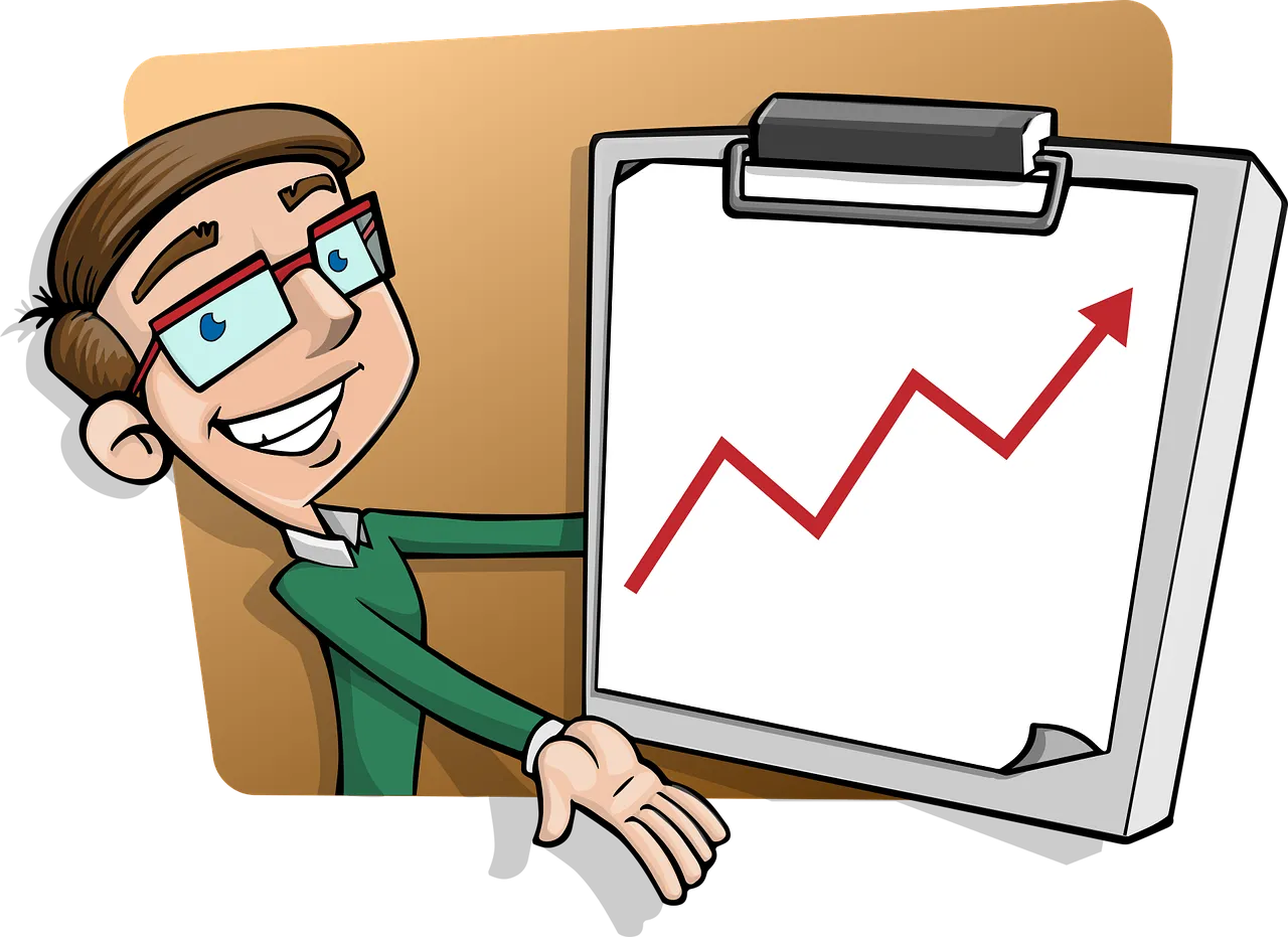 Salesman pointing at a clipboard with a red upward-trending line graph