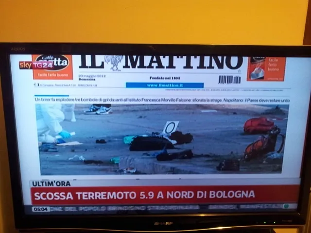A photo of my TV, at 5 in the morning of the 20 May 2012, showing the news about the earthquake.